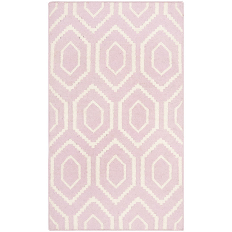 Waukena Hand Woven Flat Weave Wool/Cotton Geometric Rug in Pink/Ivory, Rectangle 3' x 5'