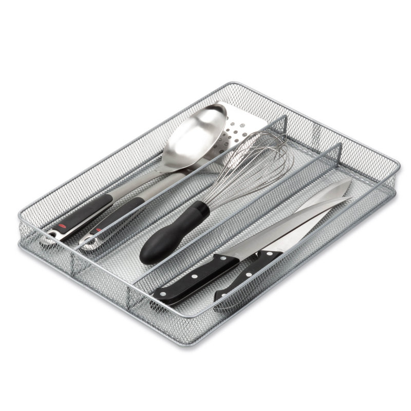 Silver Steel Mesh 3-Compartment Cutlery Tray Organizer