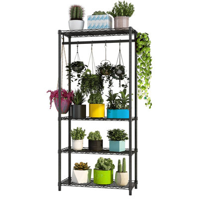 Indoor Outdoor Metal Tiered Plant Stand with Adjustable Shelves and Hanging Rod, Essential for Bedroom, Balcony & Garden