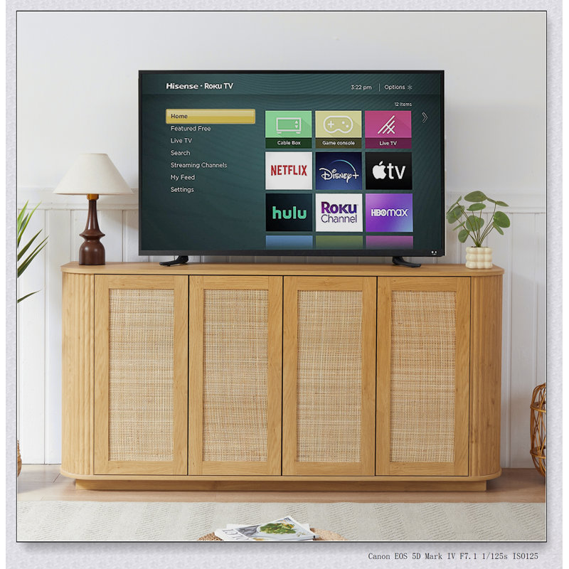 Meuble télé de 64 pouces en forme de vague, buffet de coin arrondi avec rangement polyvalent et design élégant dans n'importe quelle pièce.