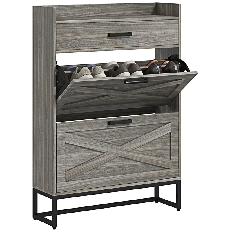Armoire à chaussures étroite avec 2 portes rabattables et un tiroir supérieur, Gris