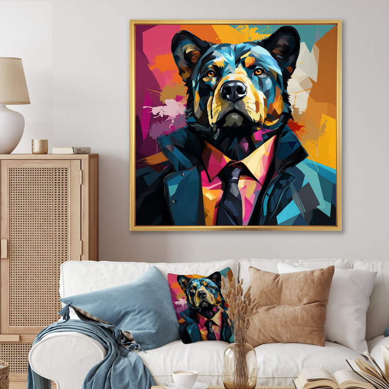 Portrait d'un ours en costume, Cadre flottant doré, H 36 po x l 36 po x P 1,5 po