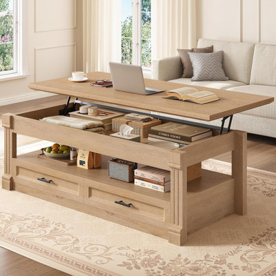 Lift Top Coffee Table with Hidden Storage and 2 Drawers, 47.2" Farmhouse Wood Center Table with Hydraulic Lifting Mechanism for Living Room, Oak