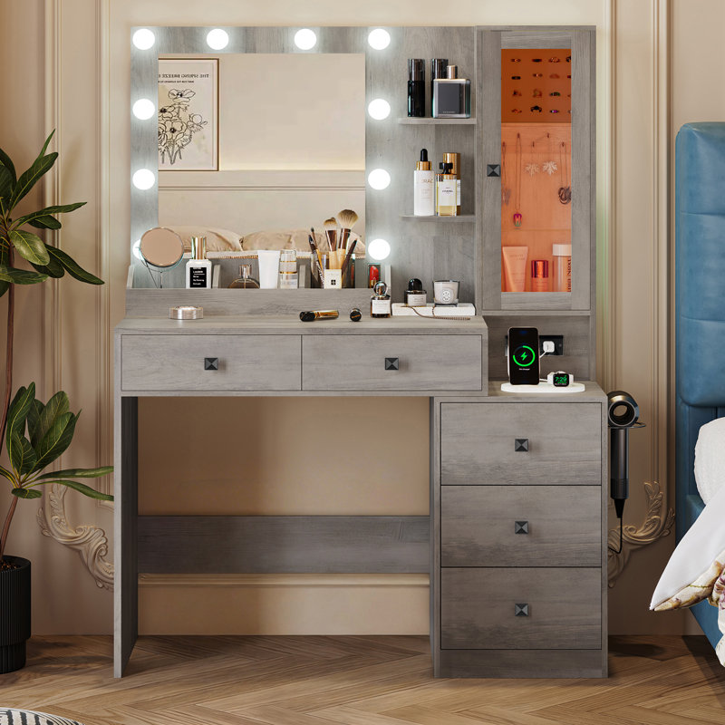 39"W Modern Makeup Vanity Desk with LED Lighted Mirror, 5-Drawer Dressing Table with Power Outlet and Hidden Jewelry Organizer for Bedroom