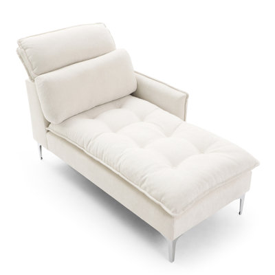Chaise de bureau 55 po - rembourrée en beige, avec accoudoir gauche et coussin lombaire, boutons, mousse souple, base en bois, salon beige facile à assembler, salon de chambre à coucher, siège en mousse, dépliant simple