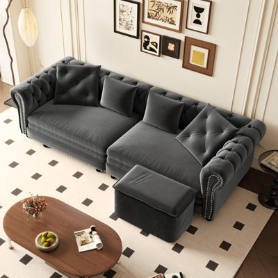 89" Velvet Upholstered Chesterfield Sofa King-Size Pull-Out Sofa Bed, Convertible Sleeper Couch with 4 Pillows, Gray