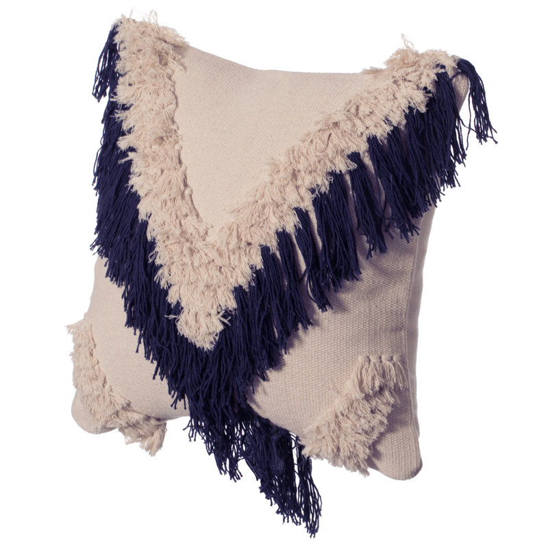 16" Charcoal and Beige Handwoven Cotton Throw Pillow with Fringe