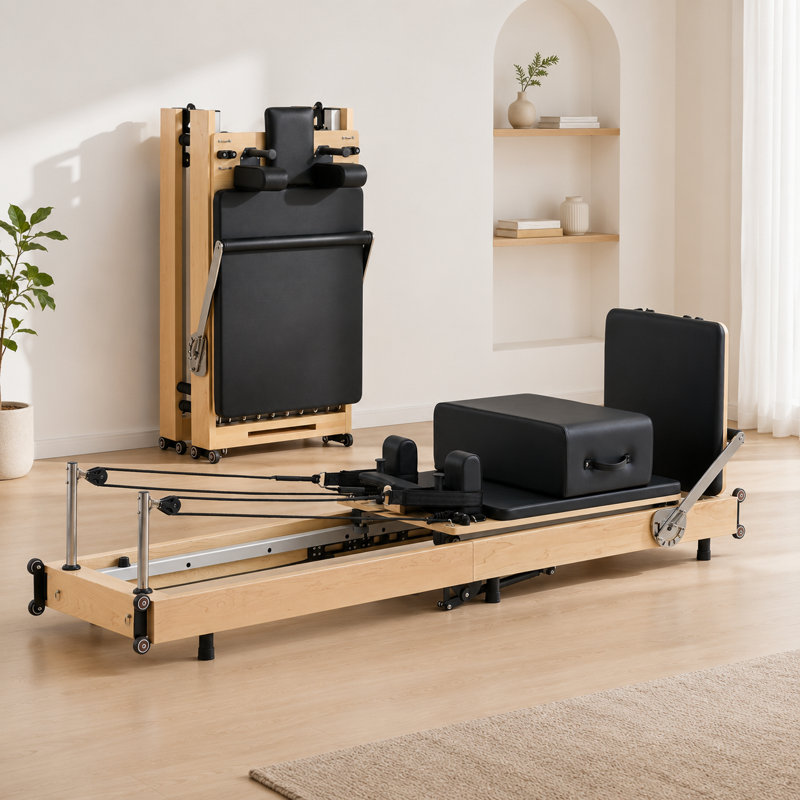 Appareil Pilates pliable Hisooth SpaceSaver, cadre en bois d'érable, machine de Pilates pour l'entraînement à domicile avec rails de glissement fluides, équipement d'exercice compact pour un entraînement complet du corps