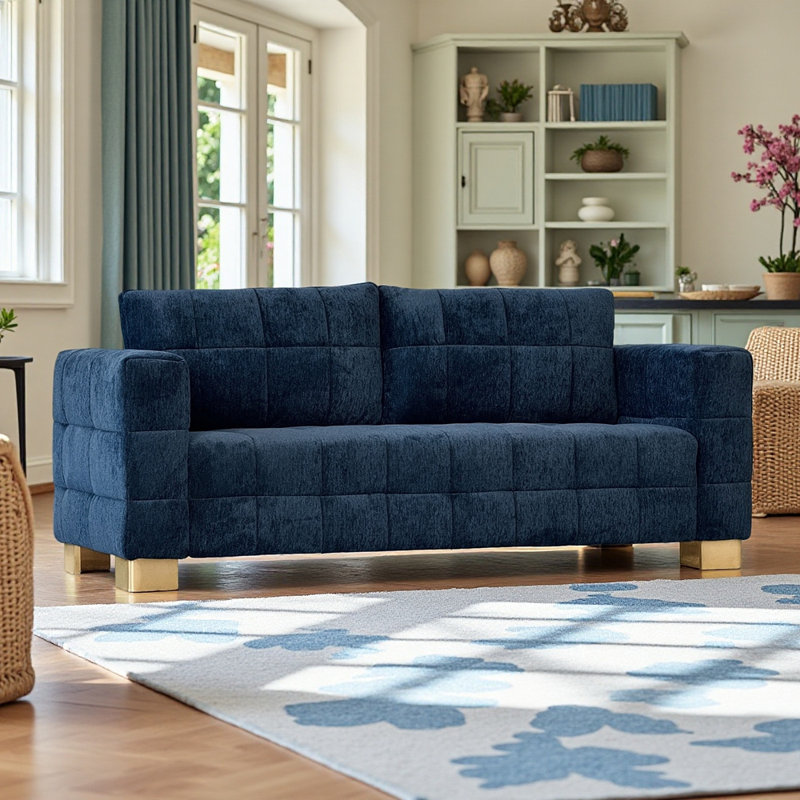 Canapé moderne en chenille, 3 places, avec un design capitonné carré et des pieds en acier inoxydable sur mesure, confortable pour les appartements et les petits espaces