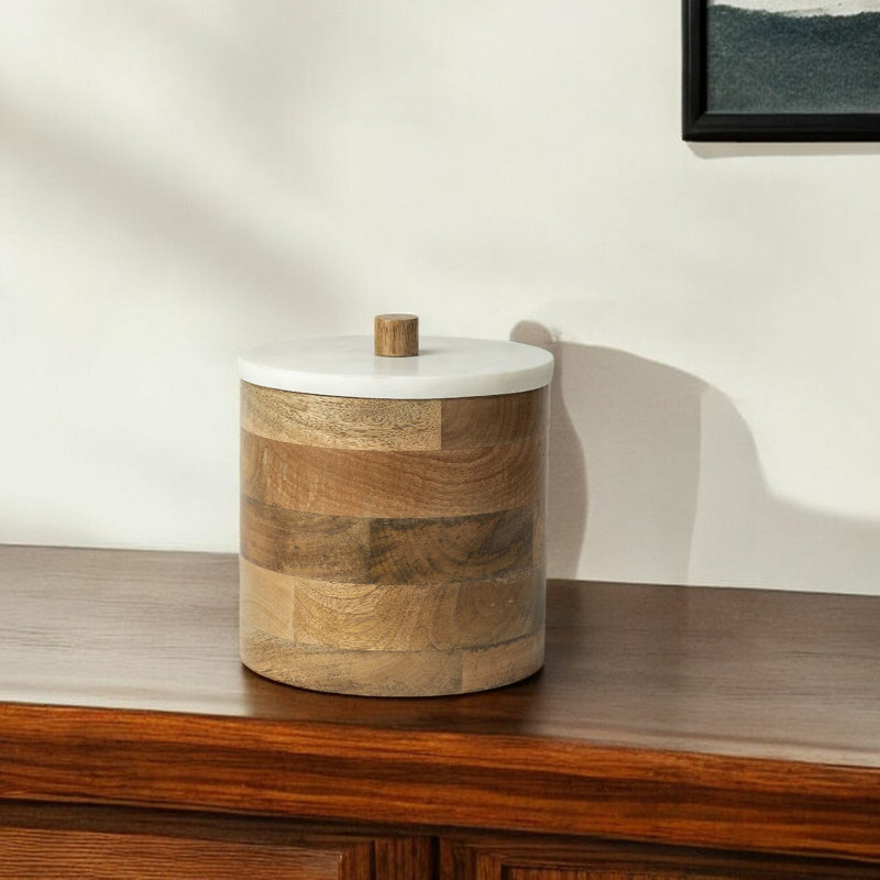 Brown Wooden Round Storage Box With White Lid 8 Inch Minimal Rustic Design