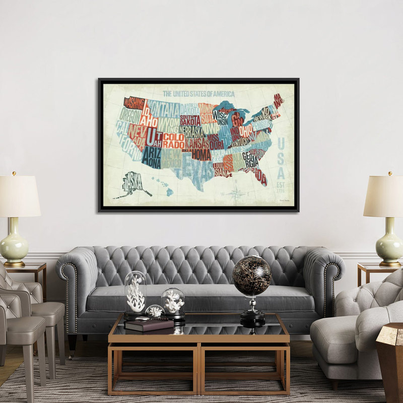 « usa modern », art textuel sur toile, H 40 po x l 60 po x P 1,5 po, Toile encadrée noire, Pas de tapis