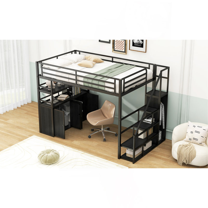 Full Size Metal Loft Bed With Storage Staircase And Wardrobe, Black