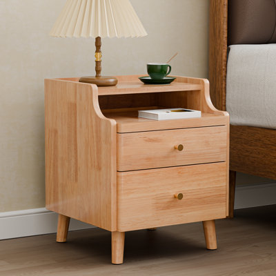 19.7" H Nightstand with Drawers, Pre-Assembled, Natural Solid Wood Night Stand with Open Sliding Shelf