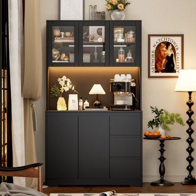 Satavia 70.9'' Kitchen Pantry with LED Lights and Charging Station, Microwave Shelf