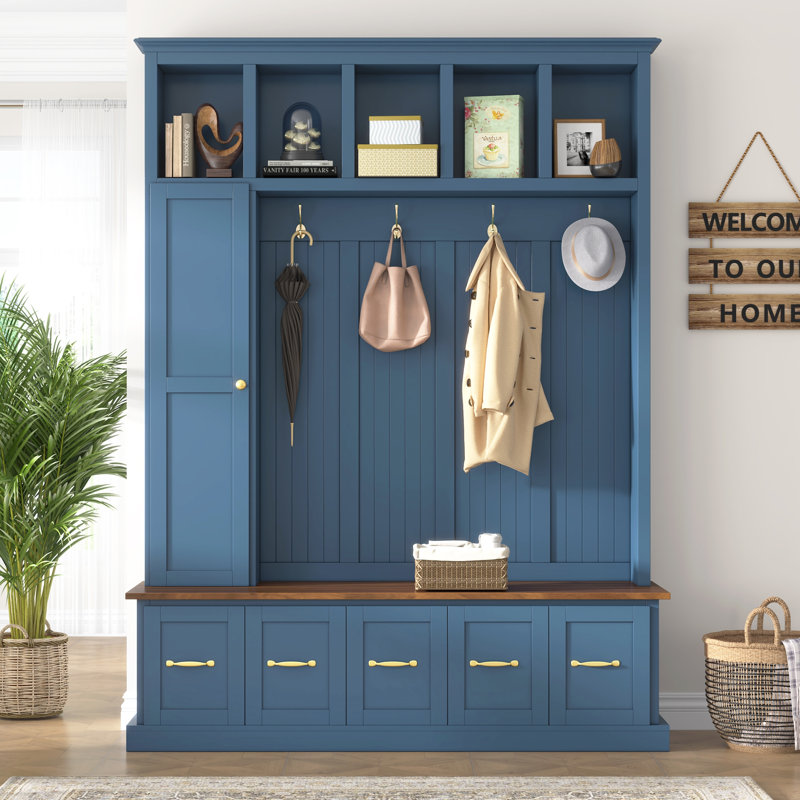 Arbre d'entrée avec porte-manteaux, banc à chaussures et armoire de rangement, Navy Blue