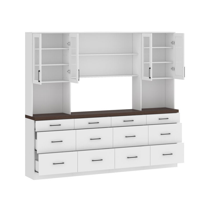 83.3'' H x 94.5 '' W Bookcase With Glass Doors And 12-Drawer, White