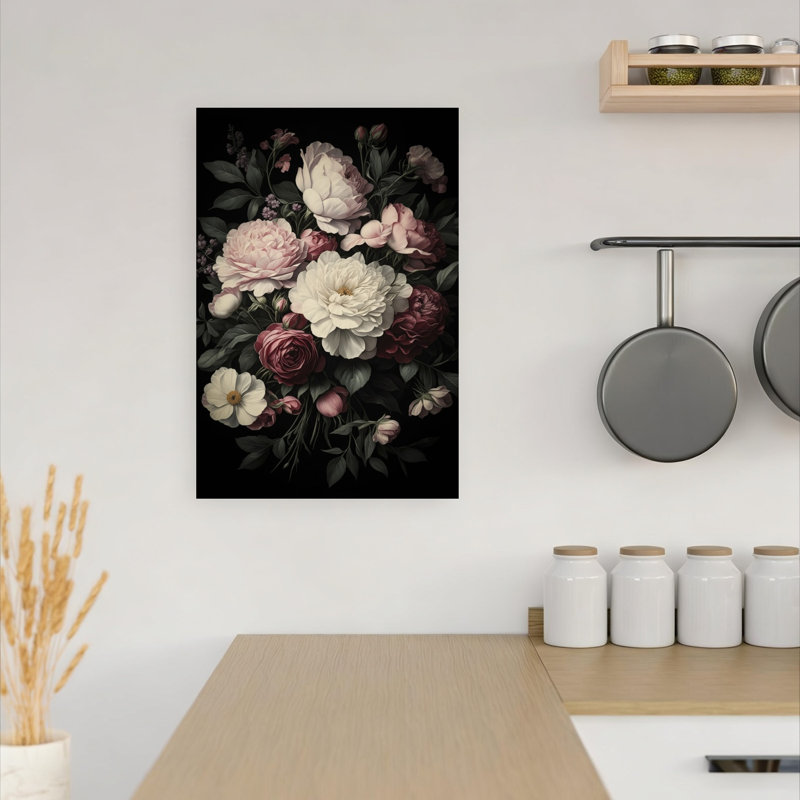 Moody Floral Bouquet Classic Elegant Romantic Peony Rose Flower Landscape Wall Art Print 1 Piece Wrapped Canvas Wall Art