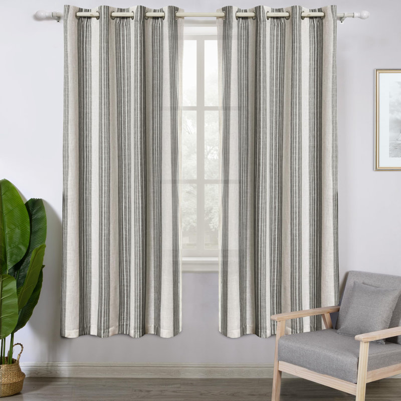 Semi Sheer Grommet Linen Chris Stripe Patterned Curtains, 52" W x 63" L, Gray