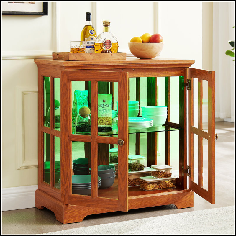 Retro Design LED Curio Display Cabinet With Adjustable Shelves And Lattice Doors For Home Decor And Organization, Dark Oak
