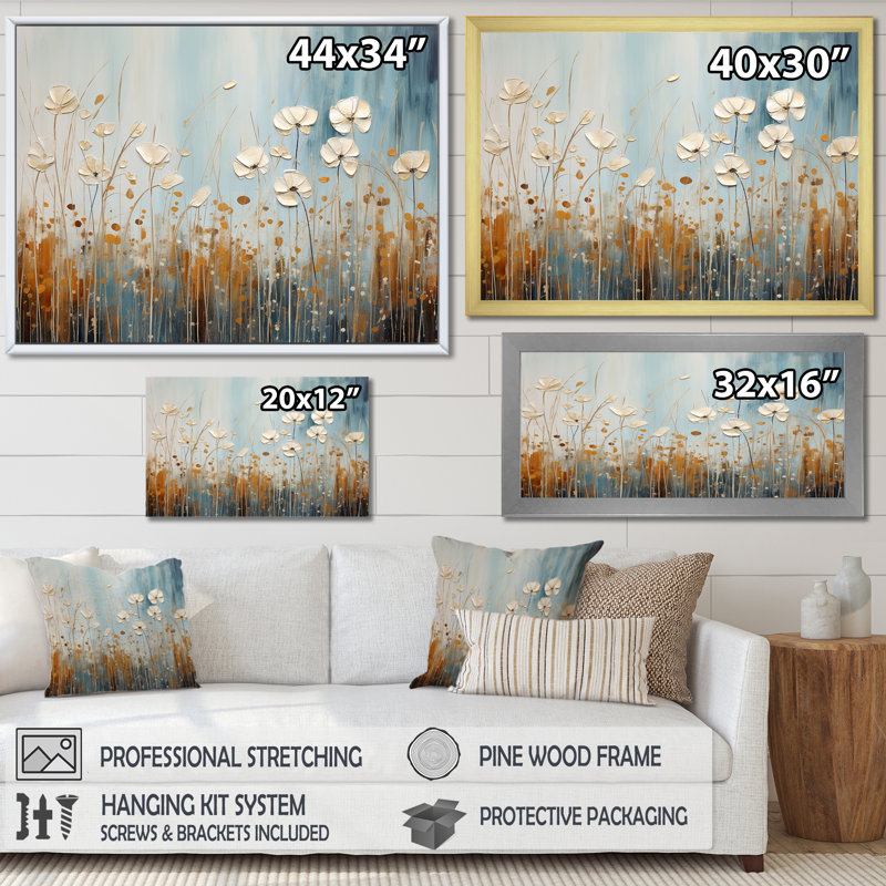 Minimalisme, fleurs sauvages, pays des merveilles sur toile, Cadre simple argenté, H 16 po x l 32 po x P 1 po