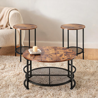 Ensemble de 3 tables basses rondes avec pieds en acier noir, plateau en particules, grain de bois brun, assemblage facile pour le salon