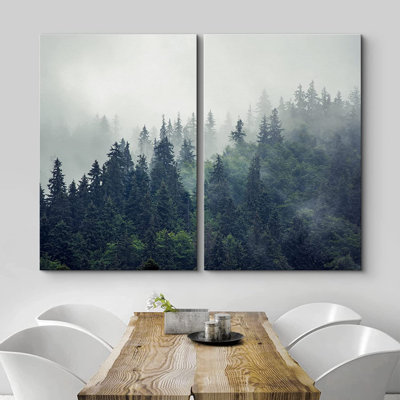 «Misty Forest Landscape Mountain Green Pine Trees Nature», reproduction de photo sur toile 2 pièces
