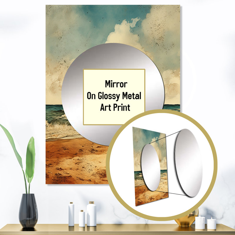 Seelam Vintage Beach Side Scenery II - miroir mural décoratif sable de plage, miroir beige, reproduction d'art en métal