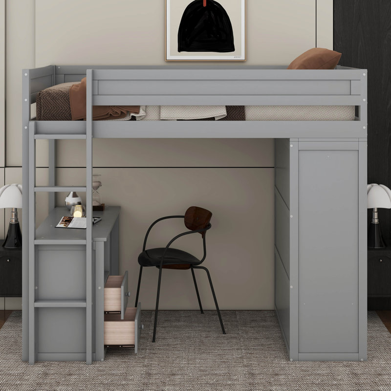 Lit mezzanine en bois avec placards, armoire et bureau à 2 tiroirs, Lit simple, Gris