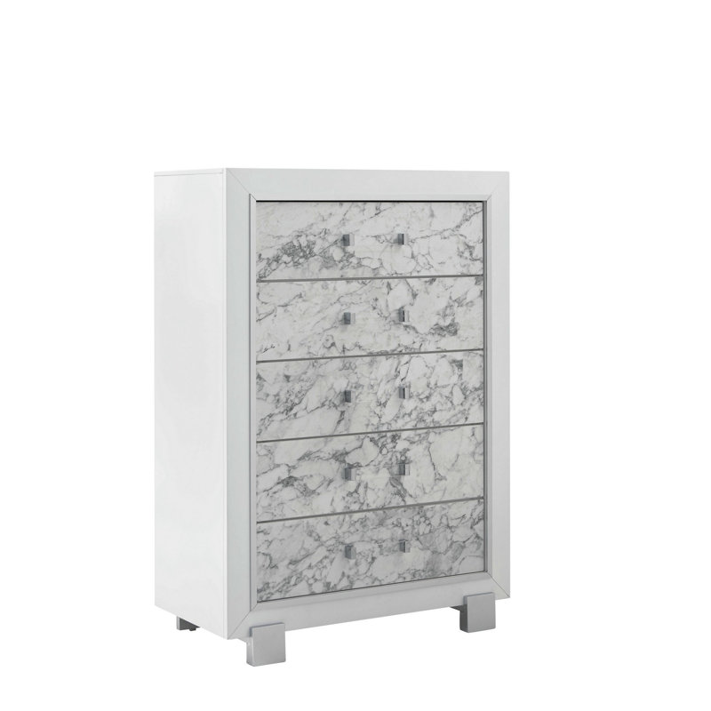 Commode 5 tiroirs Deqa, Blanc / gris