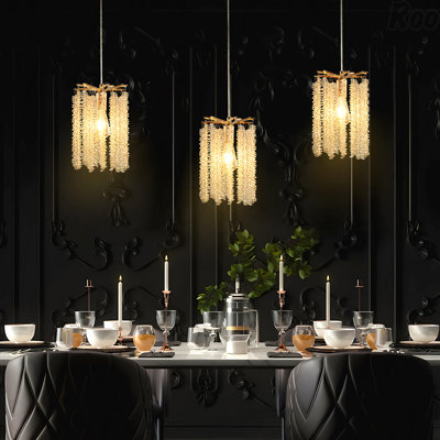 Lustre - Ensemble de 3 luminaires suspendus en cristal de luxe, finition dorée élégante, motif de perles en cascade (sans ampoules)