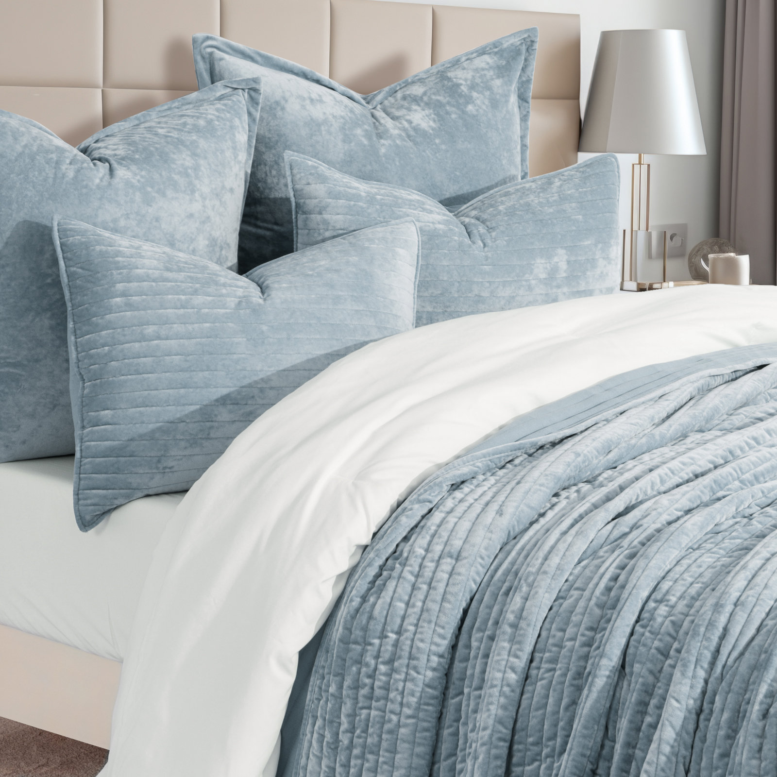 Luxe Velvet Channel Quilt Set, King, Blue Linen