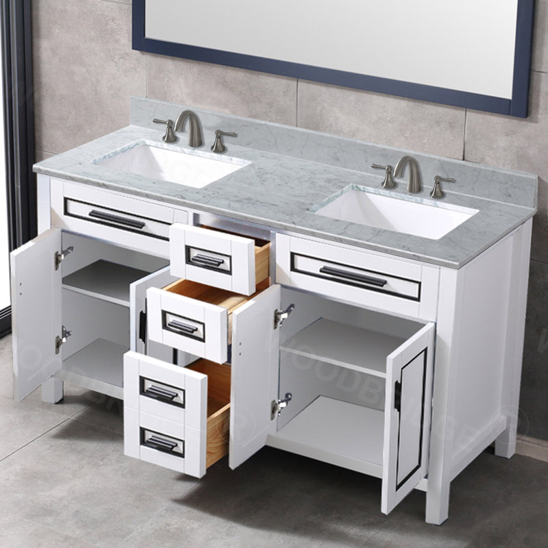 61" White and Black Trim Solid Wood Double Vanity with Carrara Marble Top