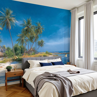 Papier peint adhésif d'été Scène multicolore Luau Hawaiian Summer Party Beach Palm Trees, peintures murales bleues H 100 po x l 144 po, papier mural amovible en PVC auto-adhésif pour chambre à coucher, salon, bureau à domicile