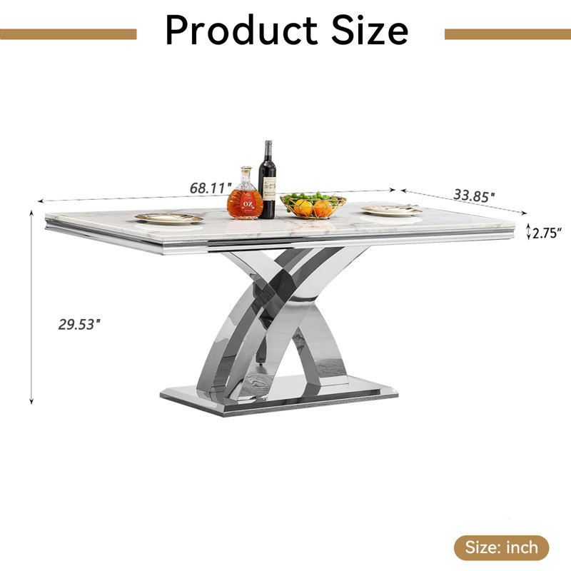 68.11" White Marble Dining Table, Modern Luxury Faux Marble Table with Sickle-Shaped Stainless Steel Pedestal, Rectangular Dining Room Table with 0.71" Thick Printed Marble Top