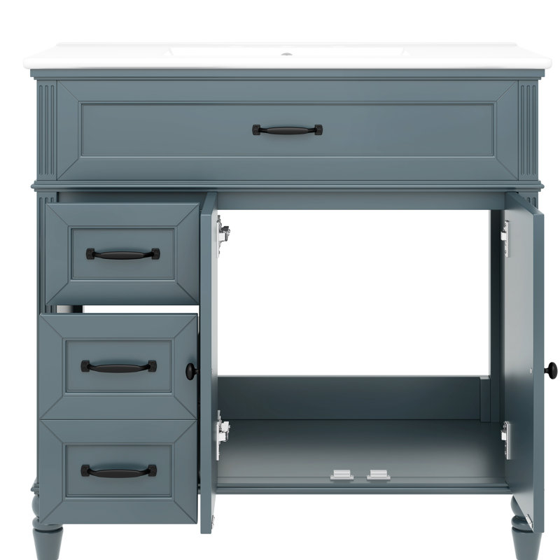 Meuble-lavabo autoportant bleu de 36 po, lavabo encastré en bois massif et en céramique, une armoire, deux tiroirs, poignées en métal, mélange de revêtement antitache, noir rétro lisse facile à entretenir