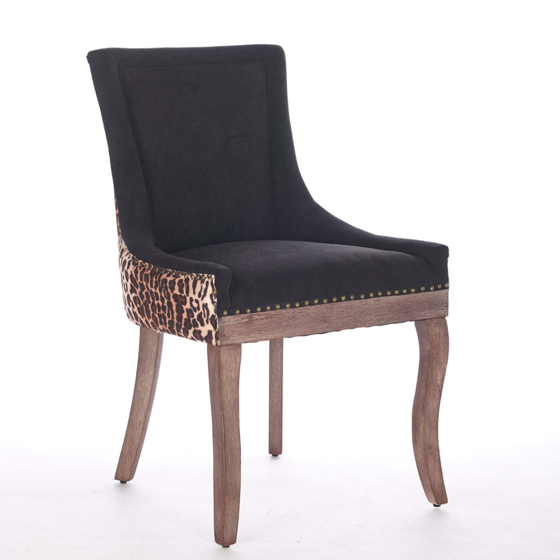 A&a furniture ultra side dining chairs | set of 2 | thickened fabric, solid wood legs | bronze nailhead, Black/Brown Leopard