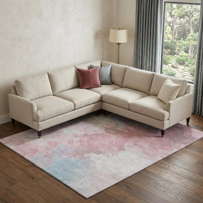 Tapis bleu rosé et ivoire lavable abstrait 9 pi x 12 pi avec protection UV
