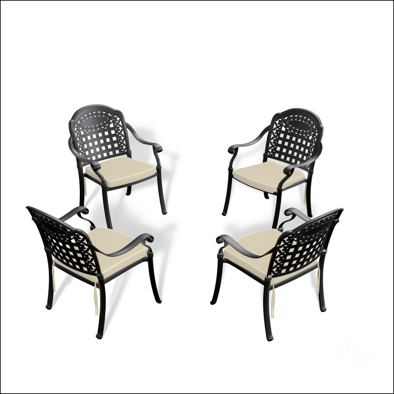 Chaise de patio en fonte d'aluminium 4 pièces avec structure noire et coussins de couleurs aléatoires, Noir / blanc