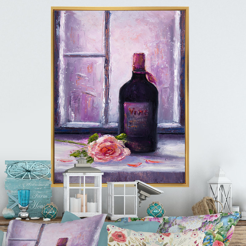 «Red Wine Bottle», peinture sur toile, H 20 po x l 12 po x P 1 po, Cadre flottant doré