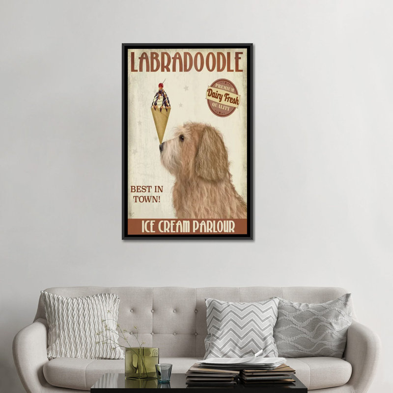 Impression sur toile tendue Fab Funky «Labradoodle Ice Cream», Toile avec cadre noir, H 26 po x l 18 po x P 1,5 po