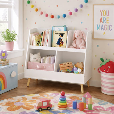 Kids Bookshelf and Toy Organizer with 5 Cubbies, 2-Tier Wooden Storage Display for Playroom, Bedroom, Nursery