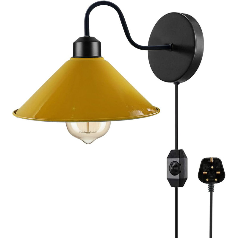 Industrial Modern Anayaa Plug-In Wall Sconce – Metal Cone Shade with Cord Dimmer for Easy Mounting, Yellow