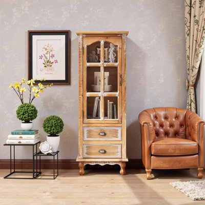 Armoire de rangement rustique en bois avec porte découpée décorative et 2 tiroirs, grand organisateur étroit pour le salon, la chambre à coucher - brun antique