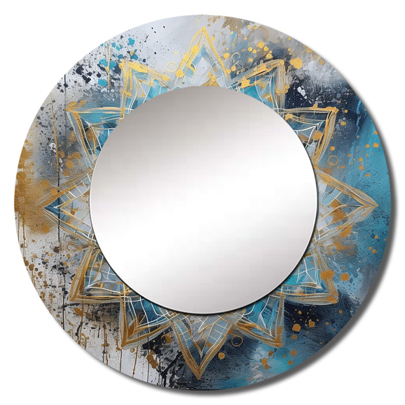 Phalla bleu et or Mandala II - grand miroir mural Mandala Boho, miroir rond bleu unique, impression d'art en métal