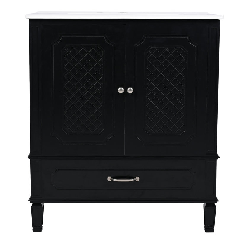 Meuble-lavabo de 30 po avec lavabo, noir rétro, porte à fermeture douce, rangement multiple, tablette en bois de céramique et réglable, tiroir fonctionnel, style autoportant, rangement fonctionnel, noir et évier