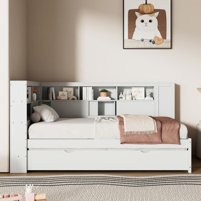 Lit de jour simple en bois blanc avec tablettes de rangement, configuration de chargement, lit gigogne, pin massif +, sans sommier, assemblage rapide pour l'installation d'une maison de plage, maison de vacances