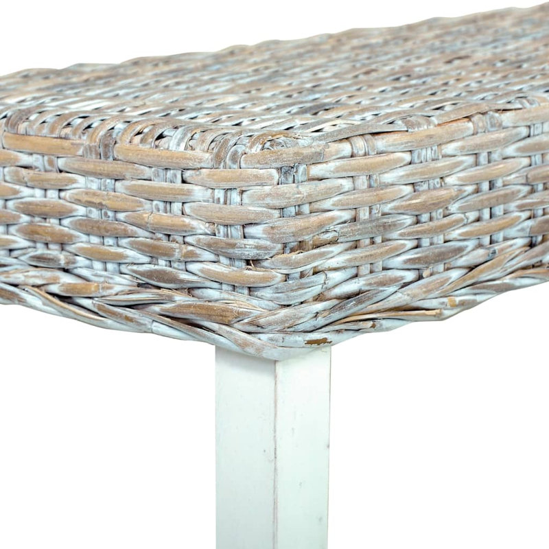 Bench Kitchen Dining Bench Natural Kubu Rattan and Solid Mango Wood, Light Gray/White