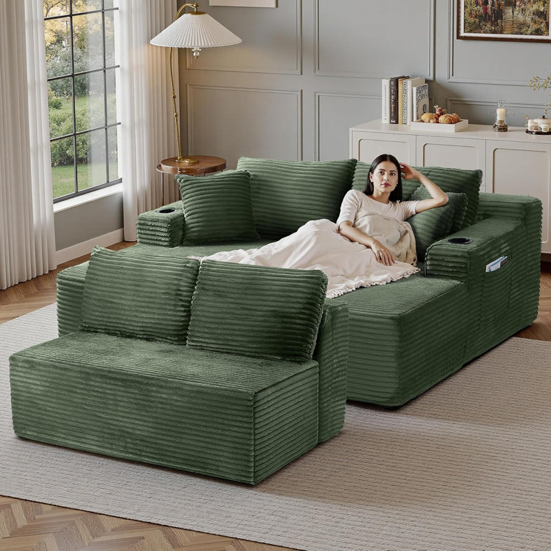 Canapé modulaire de 134 po Cloud Couch, modulaire avec porte-gobelet et poche de rangement, canapés en os en velours côtelé sans os, canapé dans une boîte, aucun assemblage requis, canapé vert pour le salon