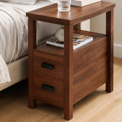 Wooden Nightstand with Open Shelf and 2 Drawers, Walnut Finish for Bedroom