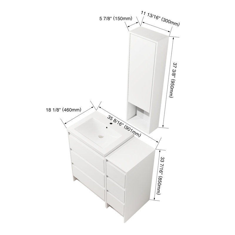 Ensemble de meuble-lavabo 36 "avec lavabo en résine - Armoire murale et tiroirs à fermeture douce